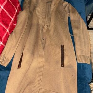 Michael Kors Tan Knit Cardigan with Brown Leather Detail and gold grommets